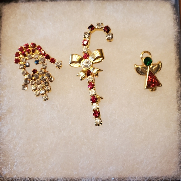unbranded Jewelry - 3 Gold Tone Rhinestone Christmas Santa, Candy Cane, and Angel Pins